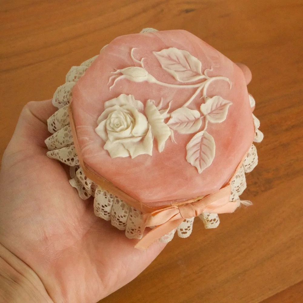 Vintage Pink Stone Trinket / Jewelry Box Rose with Ribbon Bow and Lace